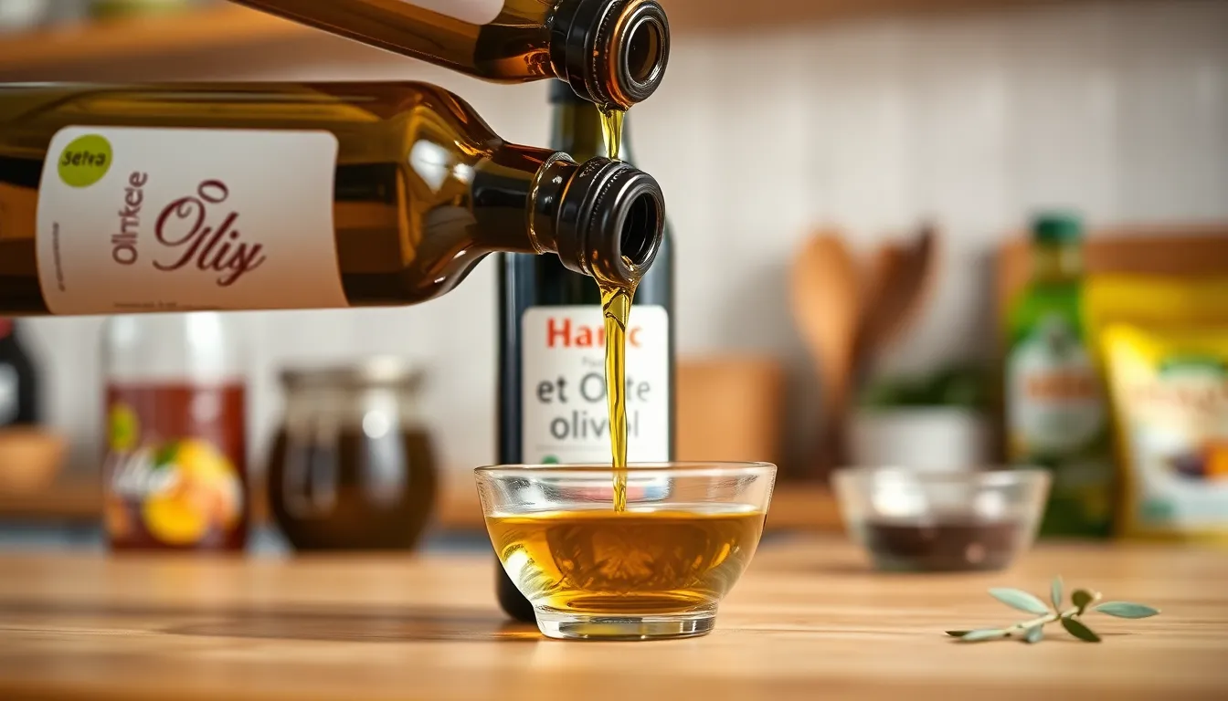 Olive oil being poured from a bottle into a small glass dish in a kitchen setting.