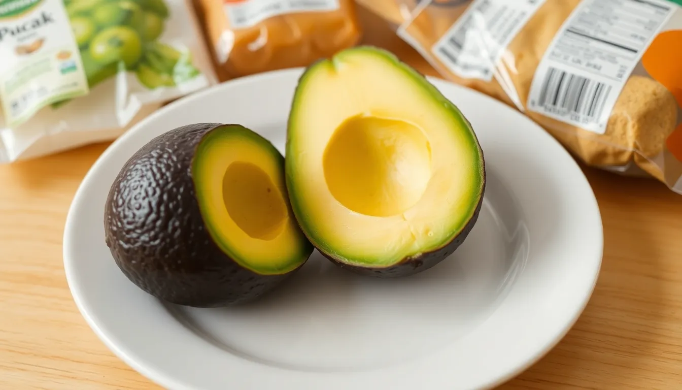 Halved avocado on a white plate showing the green flesh and pit.