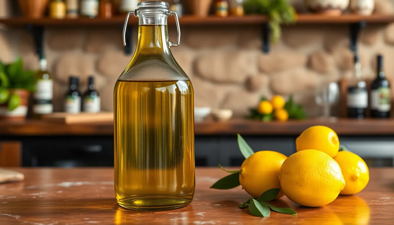 A large glass bottle filled with olive oil on a rustic bar counter with lemons beside it.