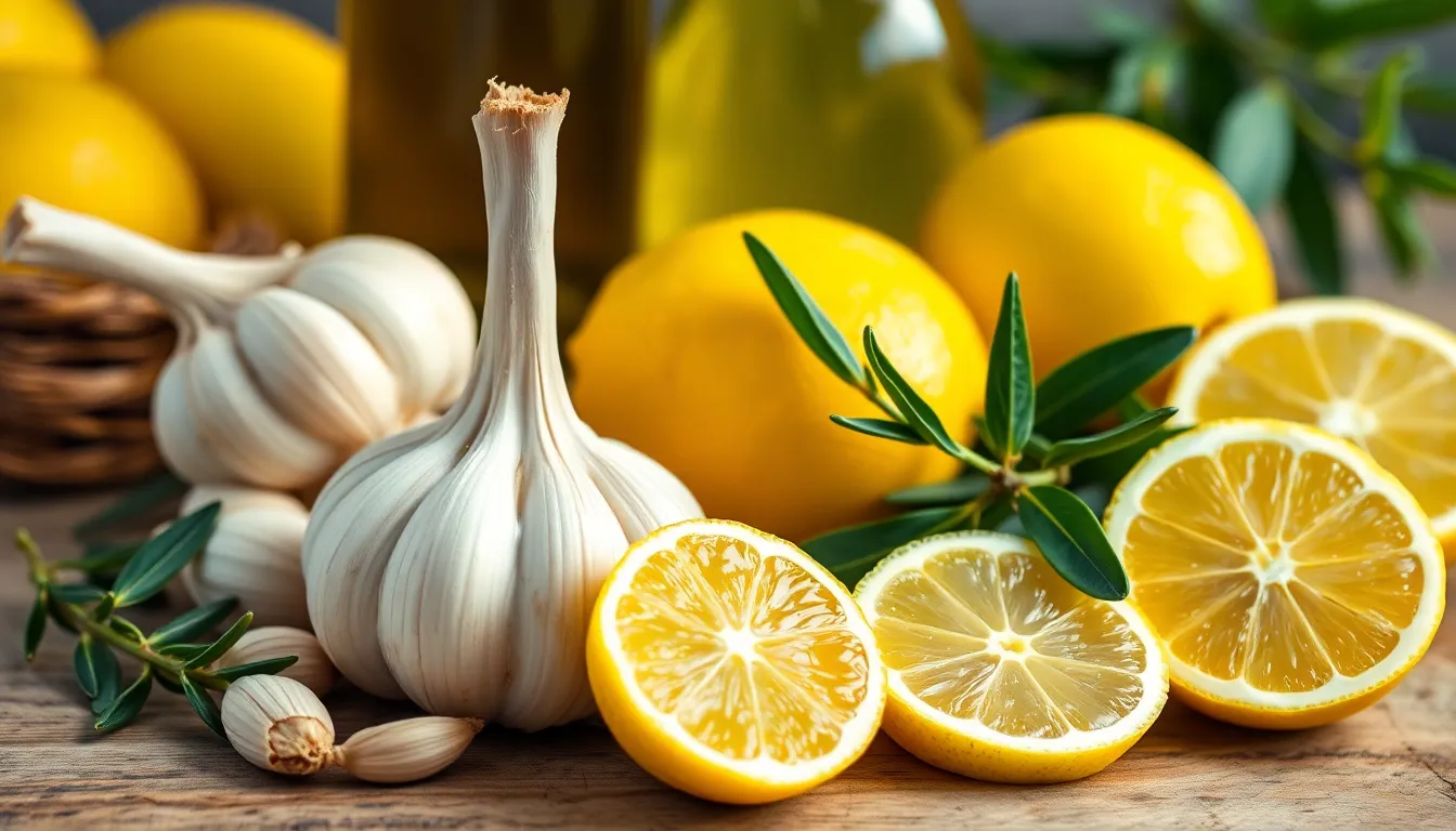 Fresh garlic and lemon with olive oil bottles, perfect for Italian cuisine. Captures freshness and flavor.