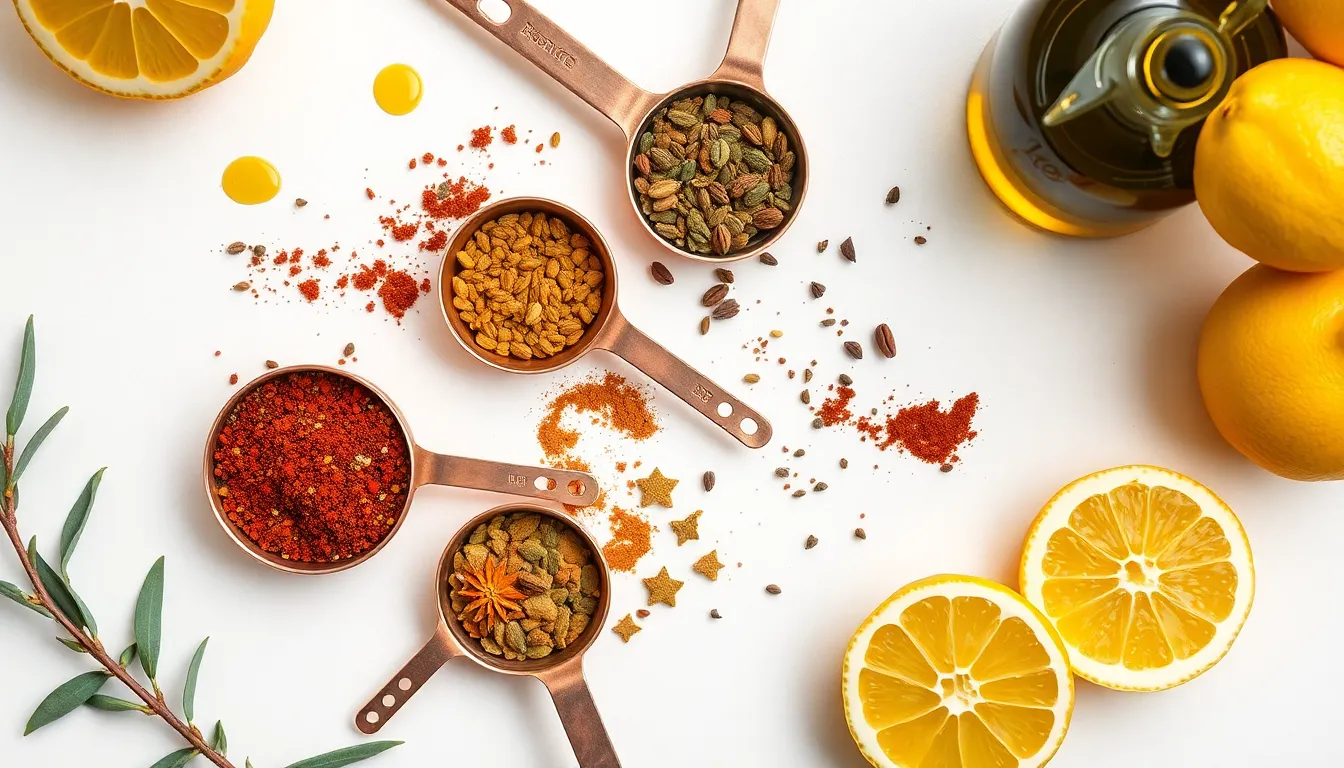 Overhead shot of copper measuring spoons filled with various spices on a white background.