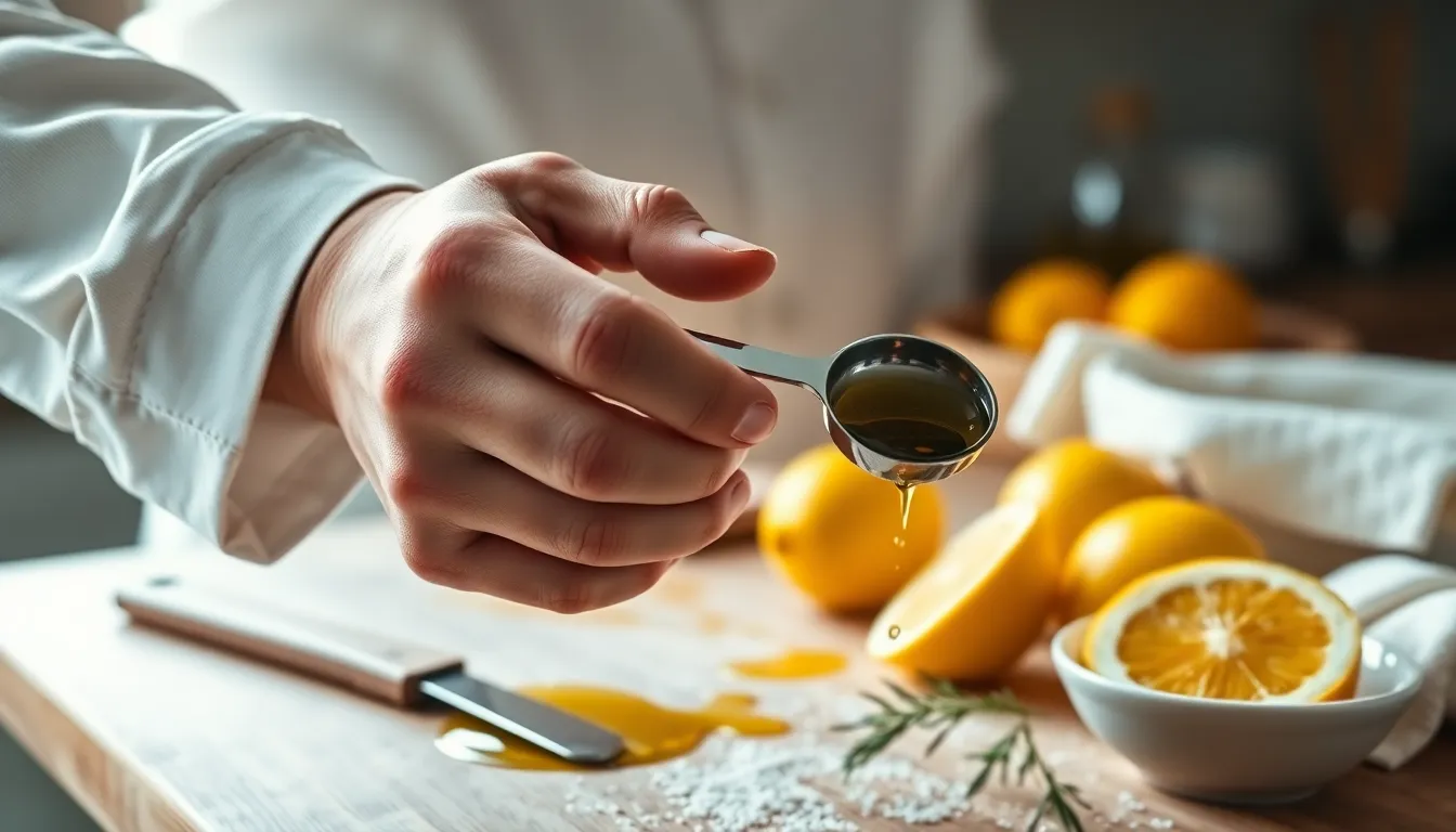 Close-up view of a baker's hand holding a measuring spoon in a kitchen setting.