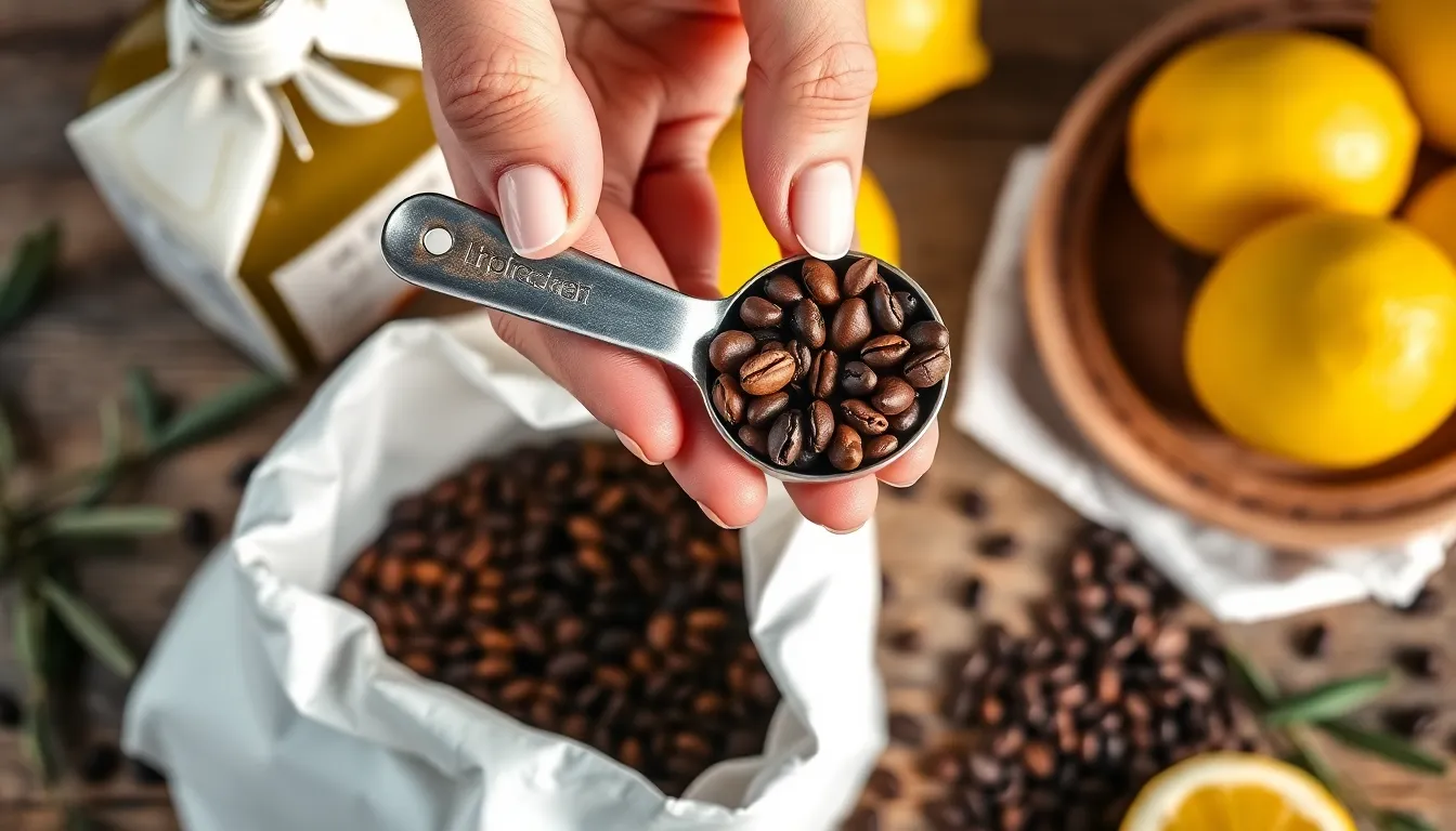 A close-up of a hand holding a measuring spoon filled with coffee beans next to a white bag.
