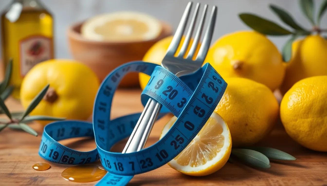 A blue measuring tape wrapped around a fork representing dieting or healthy eating concept.