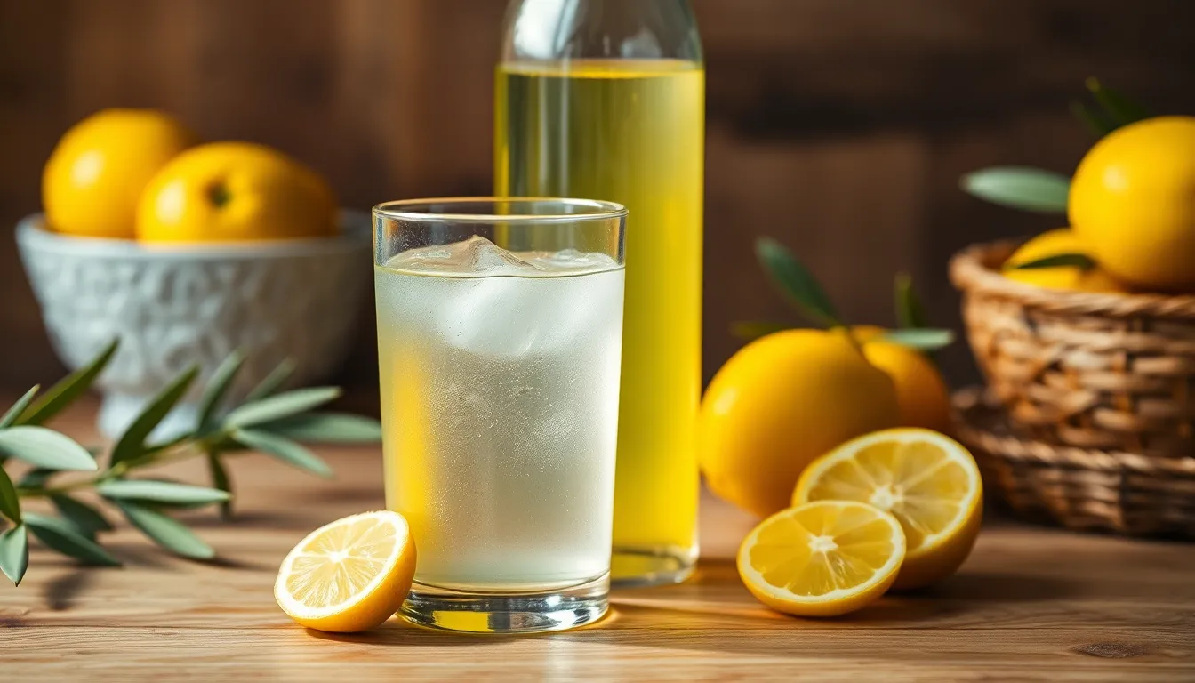 Close-up of a glass and bottle with lemon water on a wooden surface, perfect for health and lifestyle concepts.