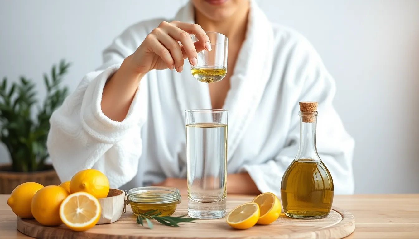 Crop female in bathrobe drinking water from glass before breakfast for heath and wellness in morning