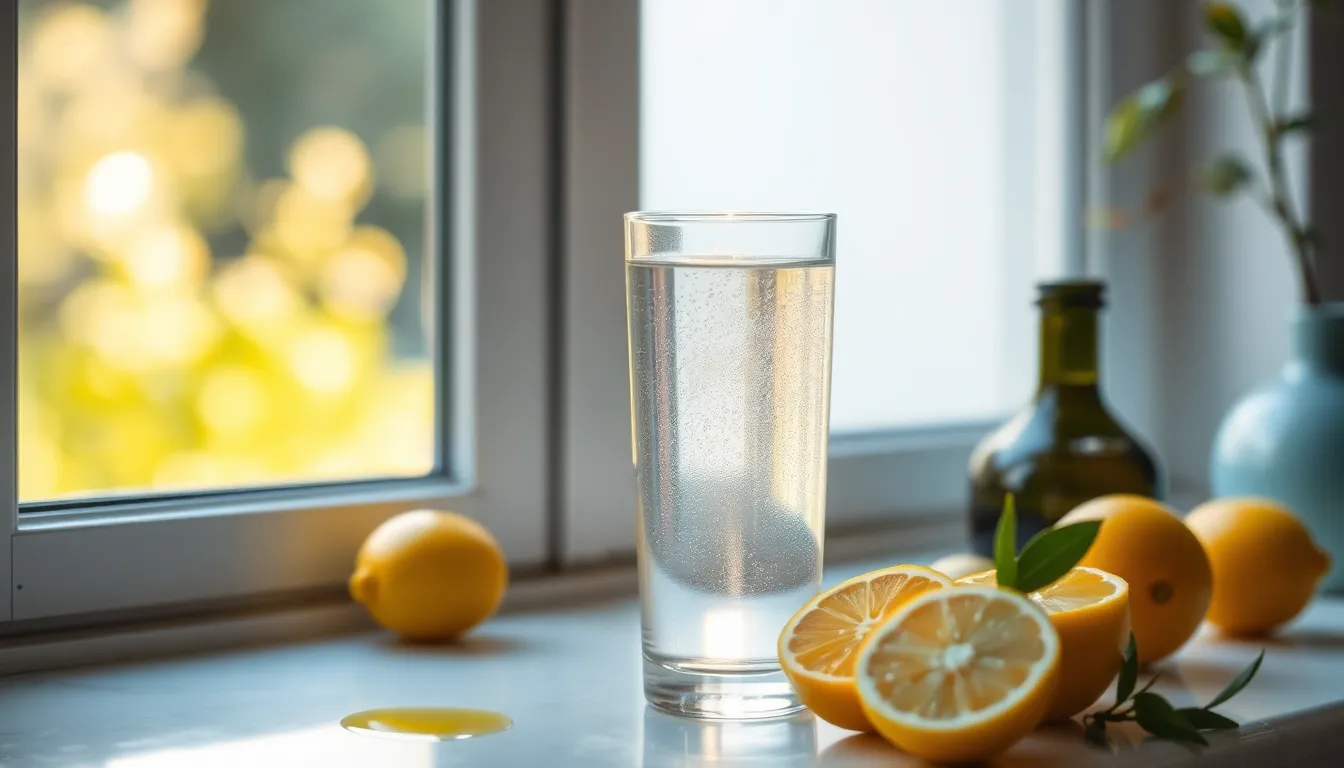 A clear glass of water sits on a sunlit window sill with a soft bokeh background.