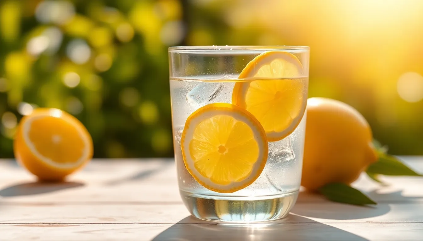 A close-up of a refreshing glass of water with lemon slices, bathed in warm sunlight.