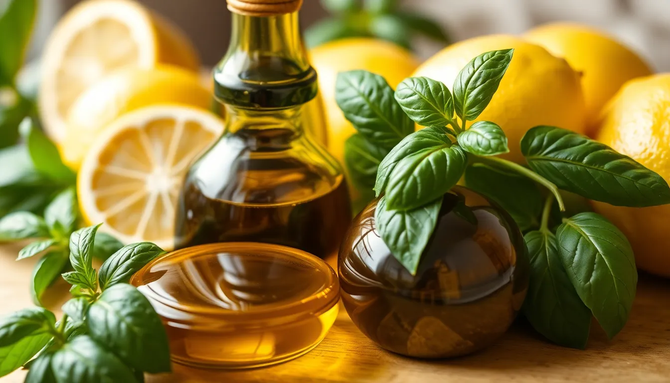 Close-up of fresh ingredients for Italian cooking featuring olive oil and basil.