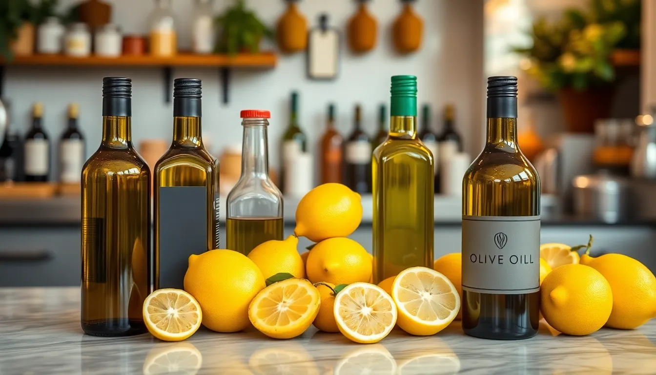 Aesthetic arrangement of olive oil bottles and lemons on a restaurant counter.