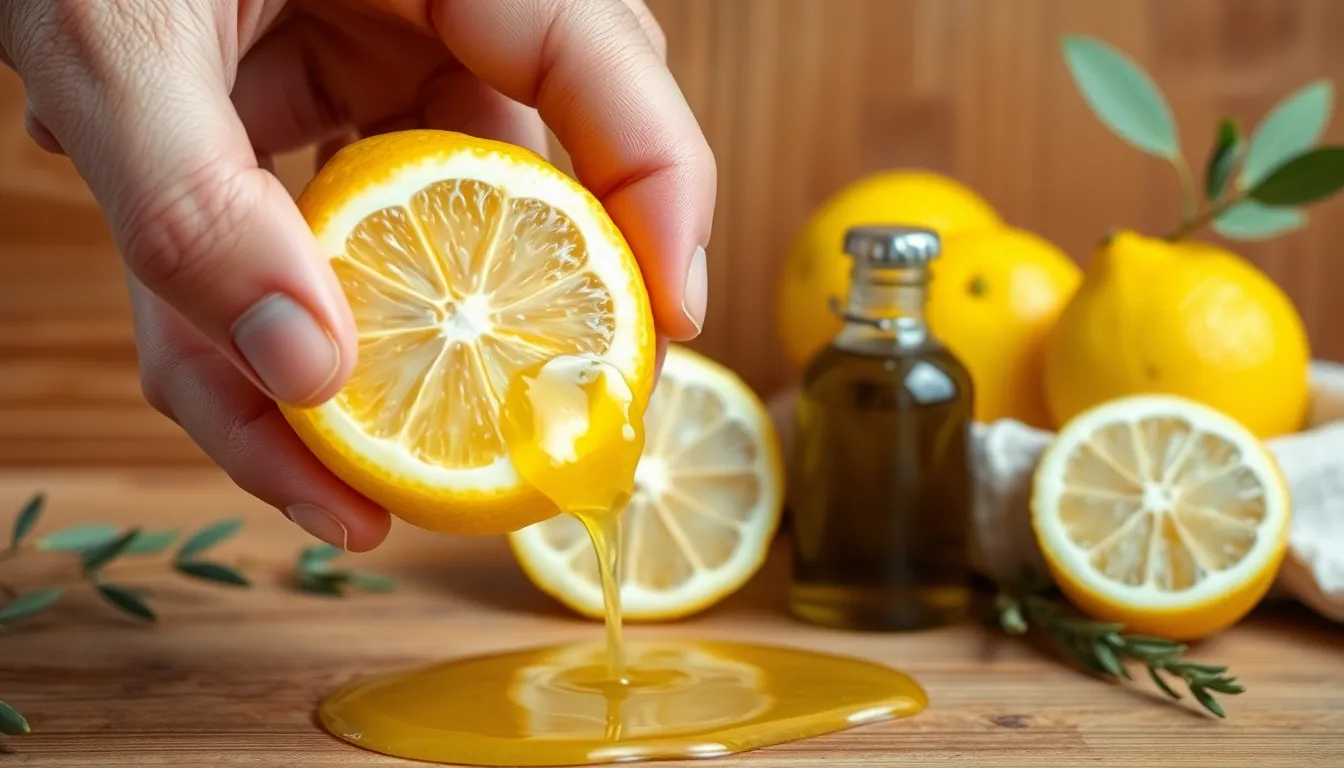 A hand tightly squeezes a lemon, releasing fresh juice against a wooden backdrop.