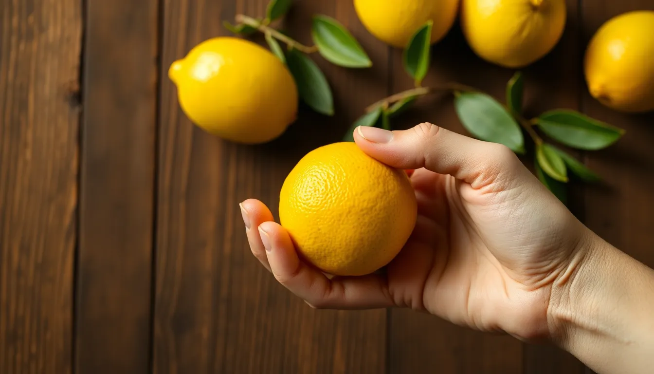 A fresh lemon being squeezed by a hand against a wooden background, emphasizing freshness.