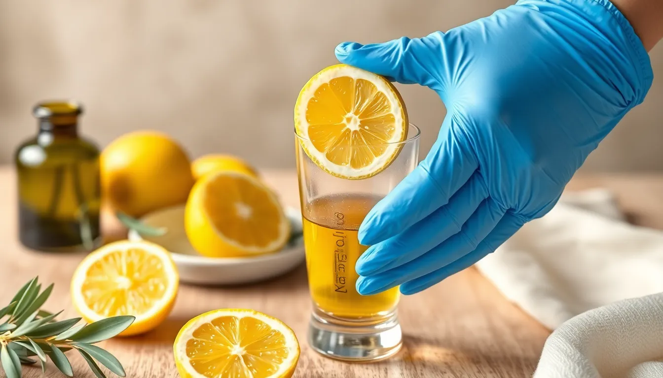 A hand in blue gloves squeezing a lemon wedge into a glass, emphasizing cleanliness and freshness.
