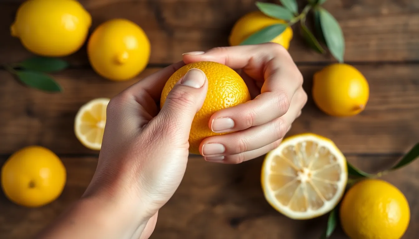 A close-up of a hand squeezing a juicy lemon against a wooden background.