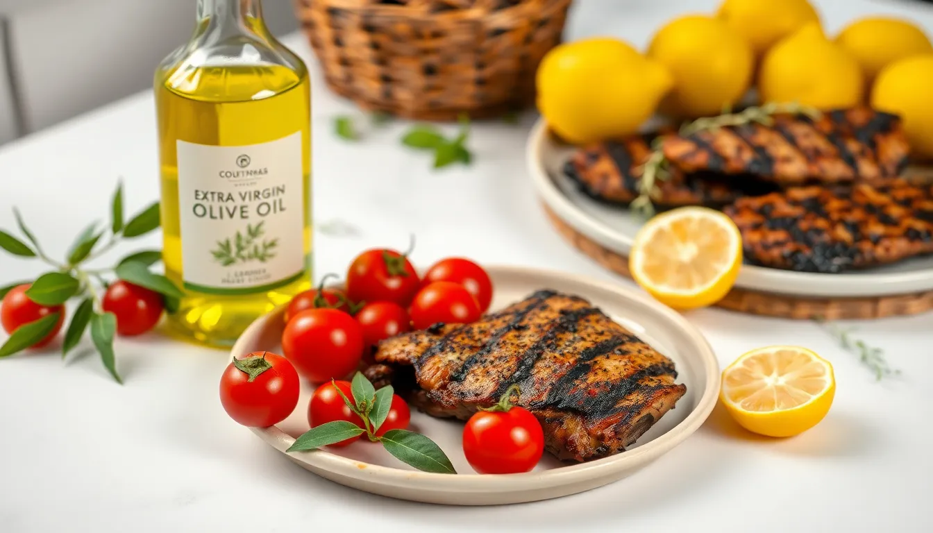Extra virgin olive oil bottle with ceramic plate, cherry tomatoes, and grilled meat on white surface.