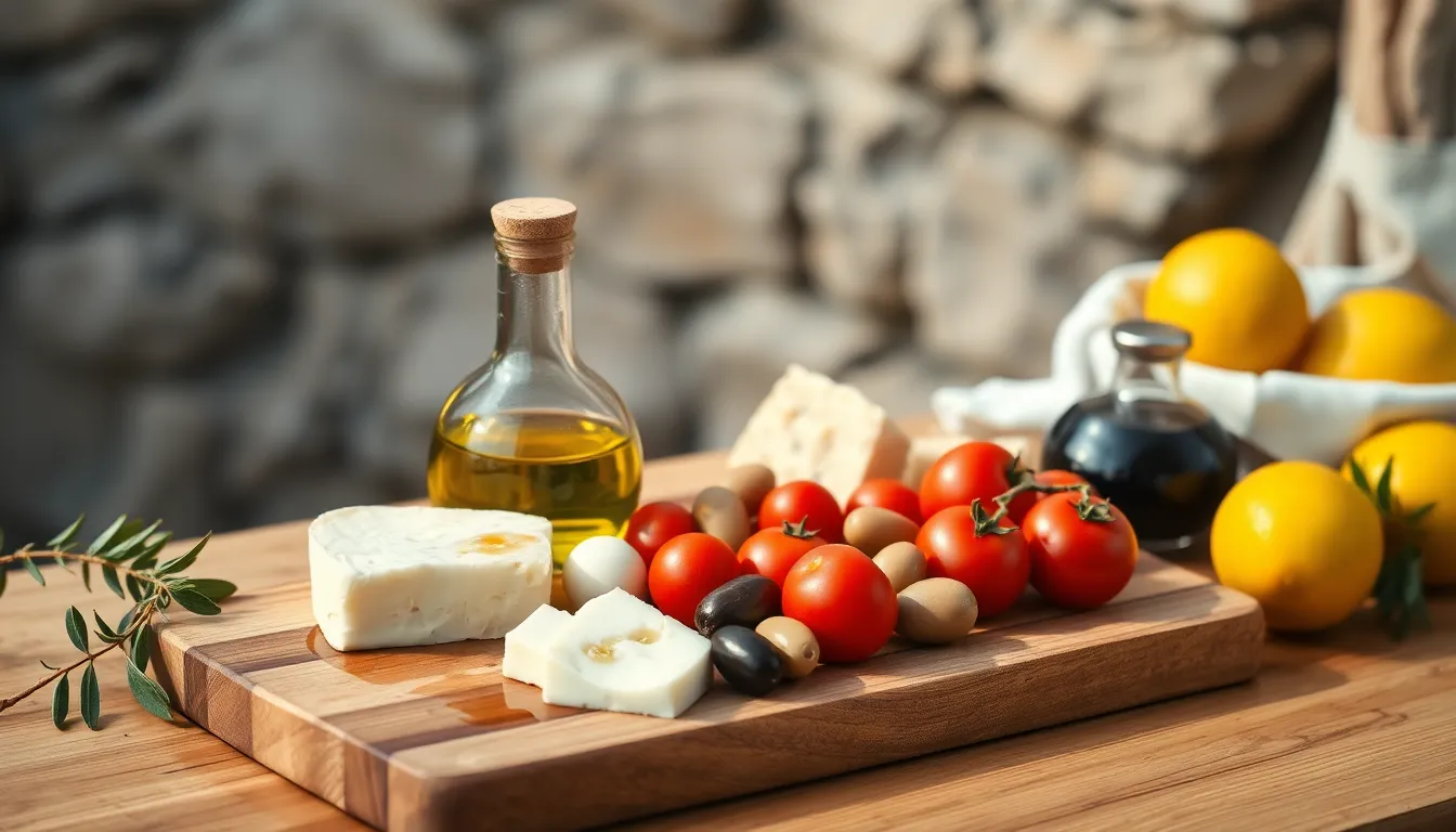 A delicious Mediterranean snack featuring olive oil, cheese, olives, and tomatoes on a cutting board.