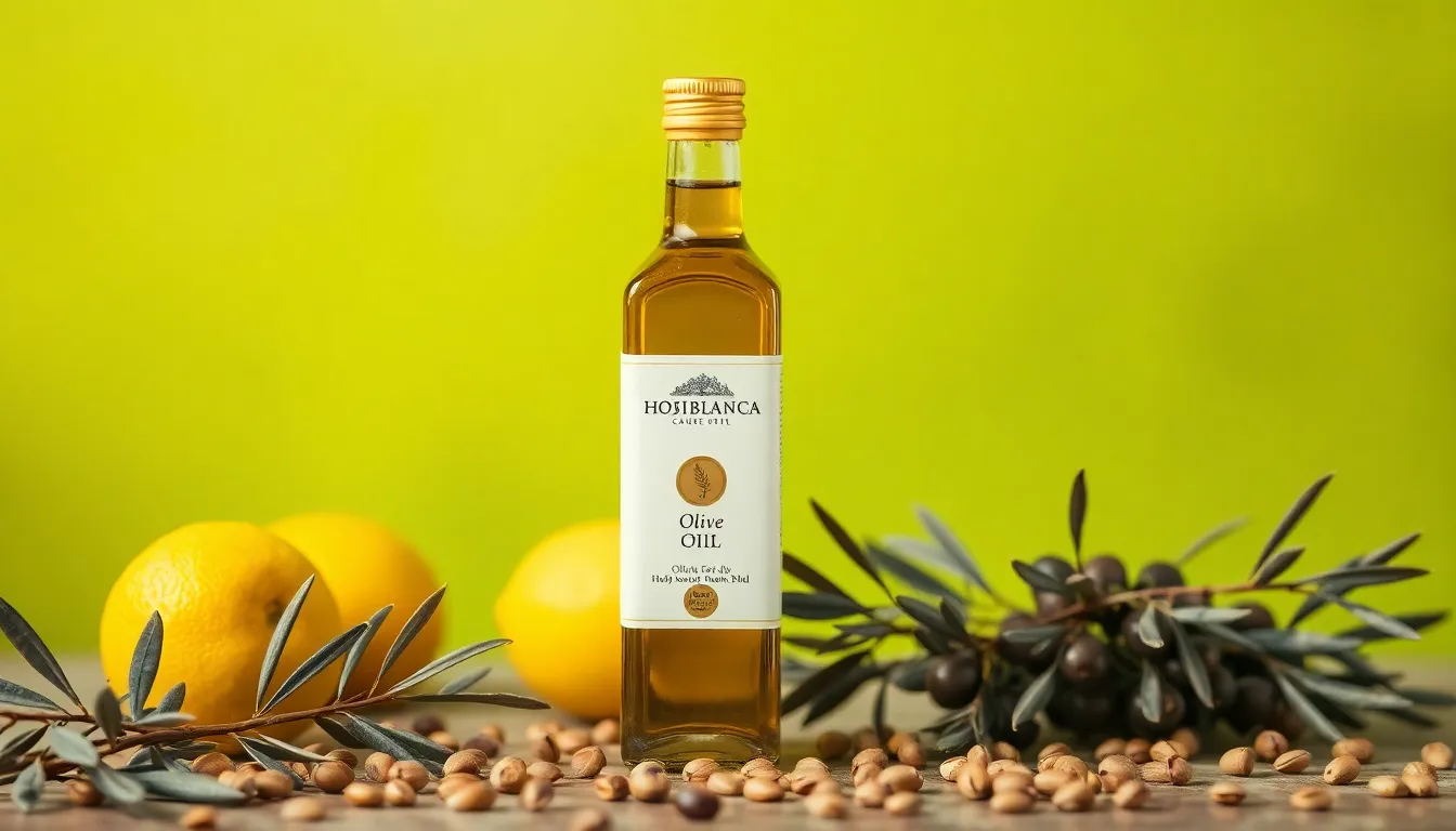 Elegant bottle of Hojiblanca olive oil with scattered olive branches and seeds, set against a vibrant green background.