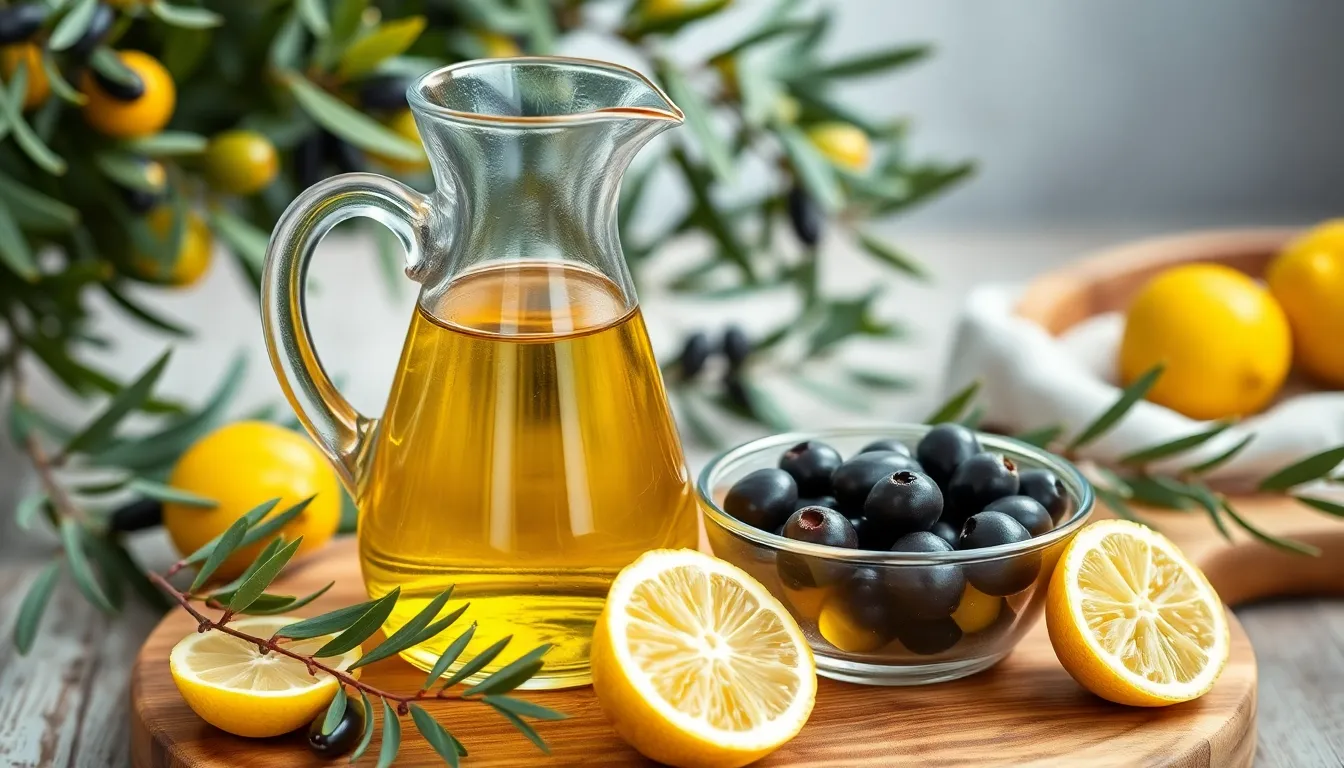 Glass jug of olive oil and a bowl of olives on a wooden cutting board with olive branches.