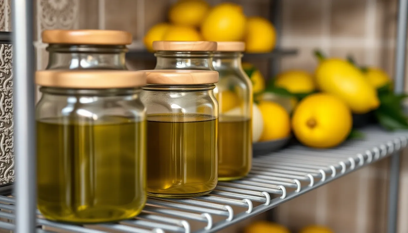 Close-up of glass jars with wooden lids on a metal kitchen shelf.