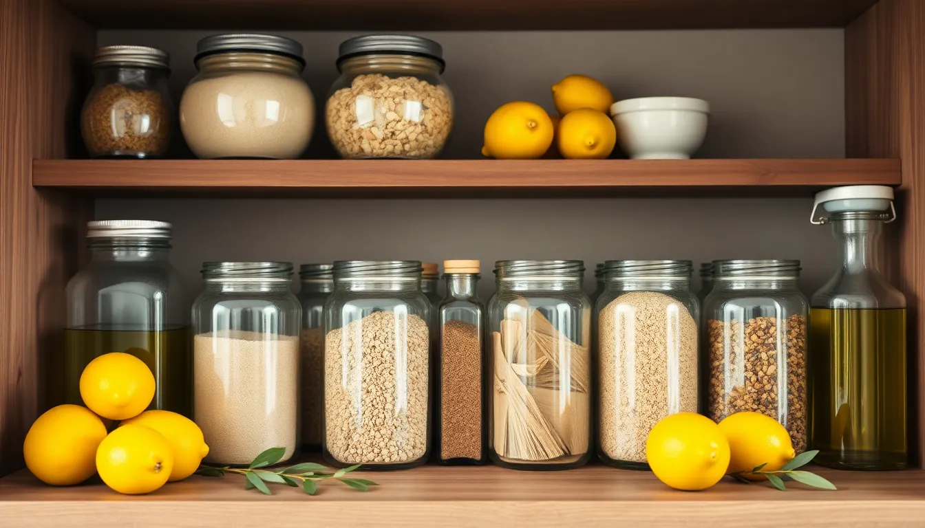 Neatly arranged glass jars with dry ingredients on a kitchen shelf, enhancing storage and organization.