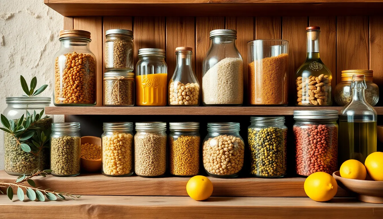 Collection of various glass jars with different dry food and glassware placed on wooden shelf