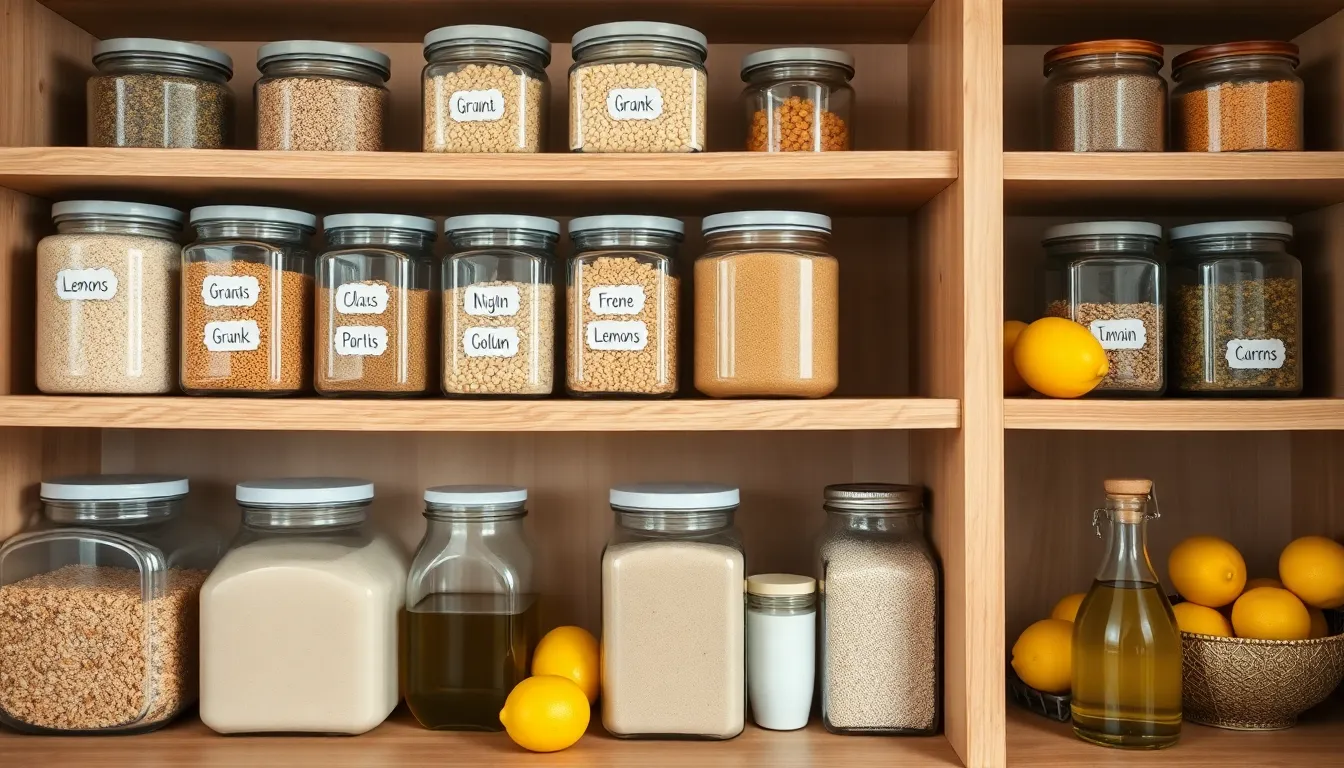 A neat pantry shelf showing various grains stored in labeled glass and plastic containers, promoting kitchen organization.