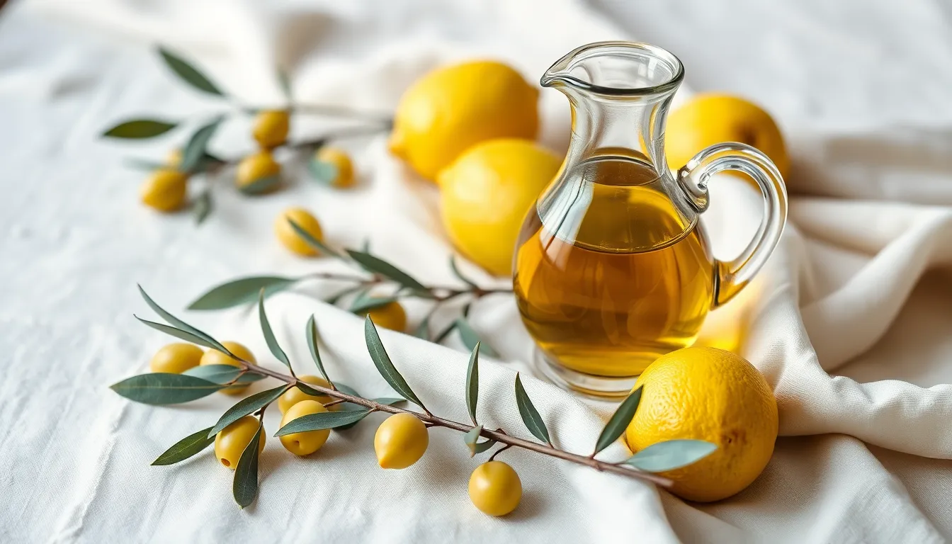 Sophisticated still life of a glass cruet filled with olive oil placed on a draped fabric with olive branches.