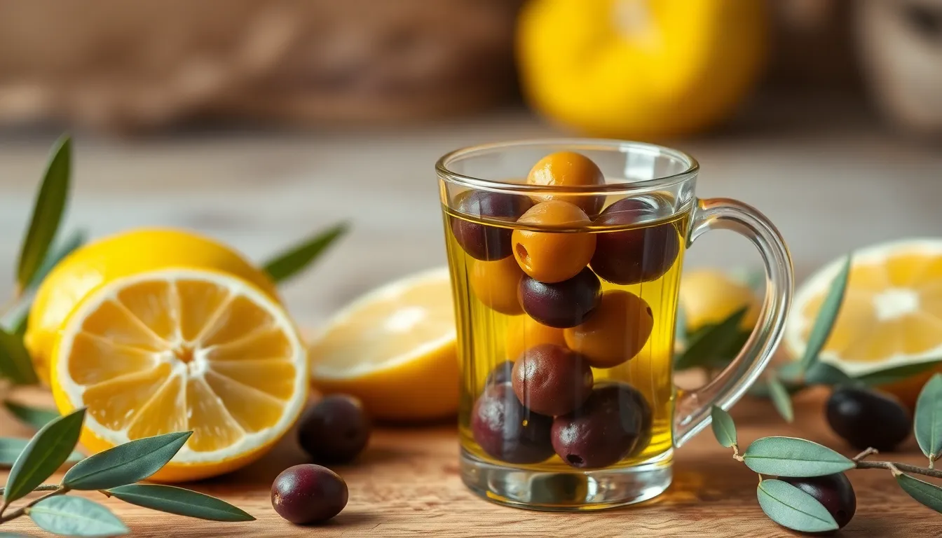 High-resolution image of a glass cup filled with olive oil and olives, ideal for culinary themes.