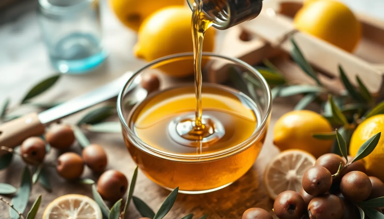 Close-up of olive oil being poured into a glass bowl surrounded by fresh olives and kitchen tools.