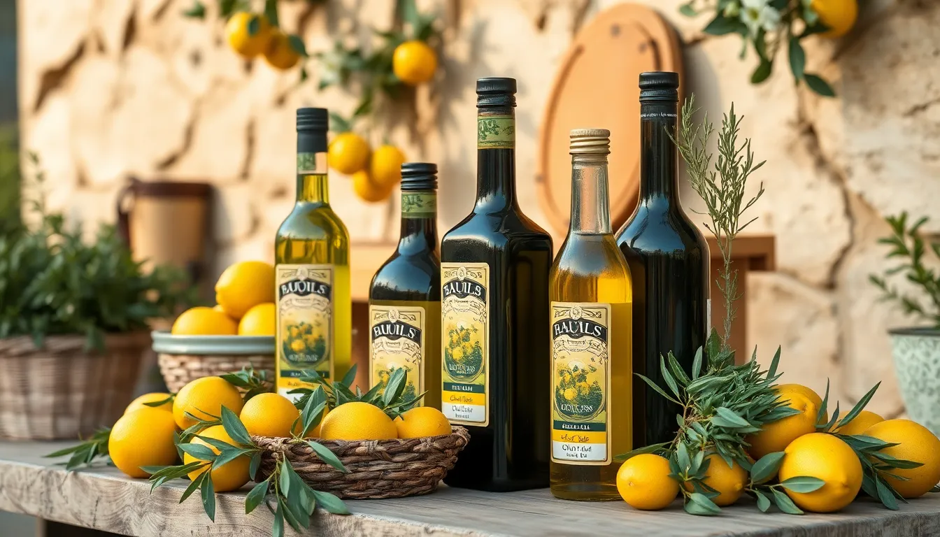 Charming outdoor display of olive oils and herbs, perfect for rustic decor enthusiasts.