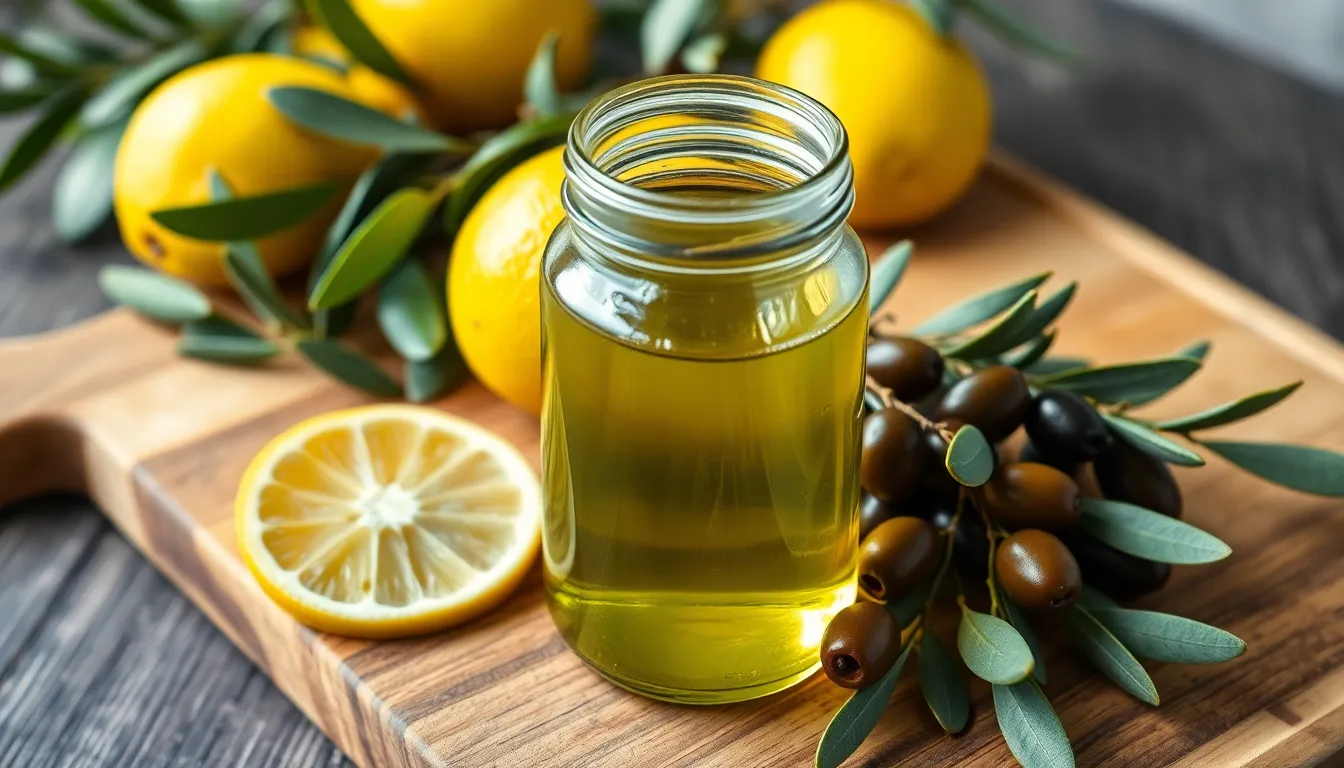 Close-up of fresh olive oil in a glass jar with olives and olive branches on a wooden cutting board.