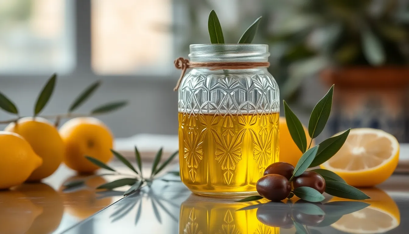Close-up of a decorative glass jar filled with olive oil, accompanied by olives and leaves, on a reflective surface.