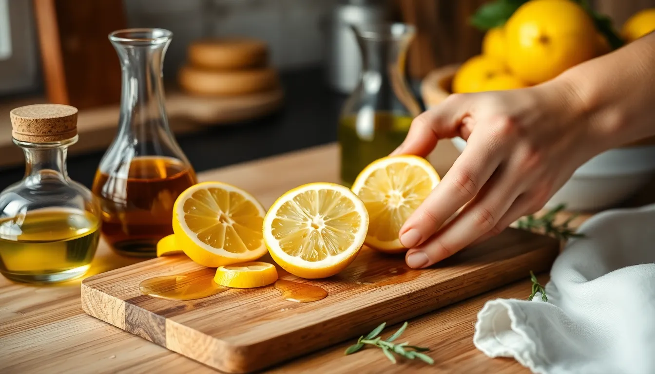 Close-up of hands slicing a lemon on a wooden board next to glassware in a kitchen.