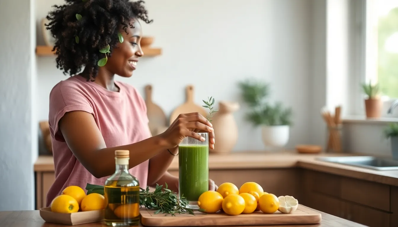 African American woman making a green smoothie in a modern kitchen setting.