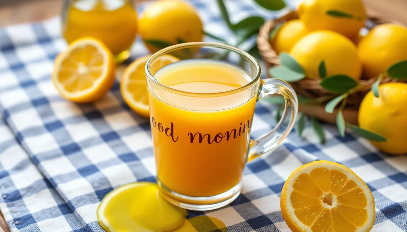 Glass cup filled with orange juice featuring 'Good Morning' text on checkered cloth.