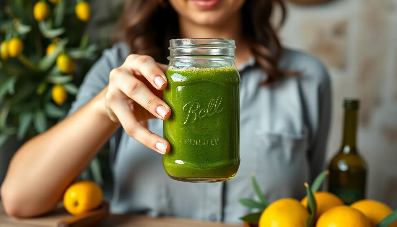 Close-up of a woman holding a green smoothie in a glass jar, promoting healthy living.