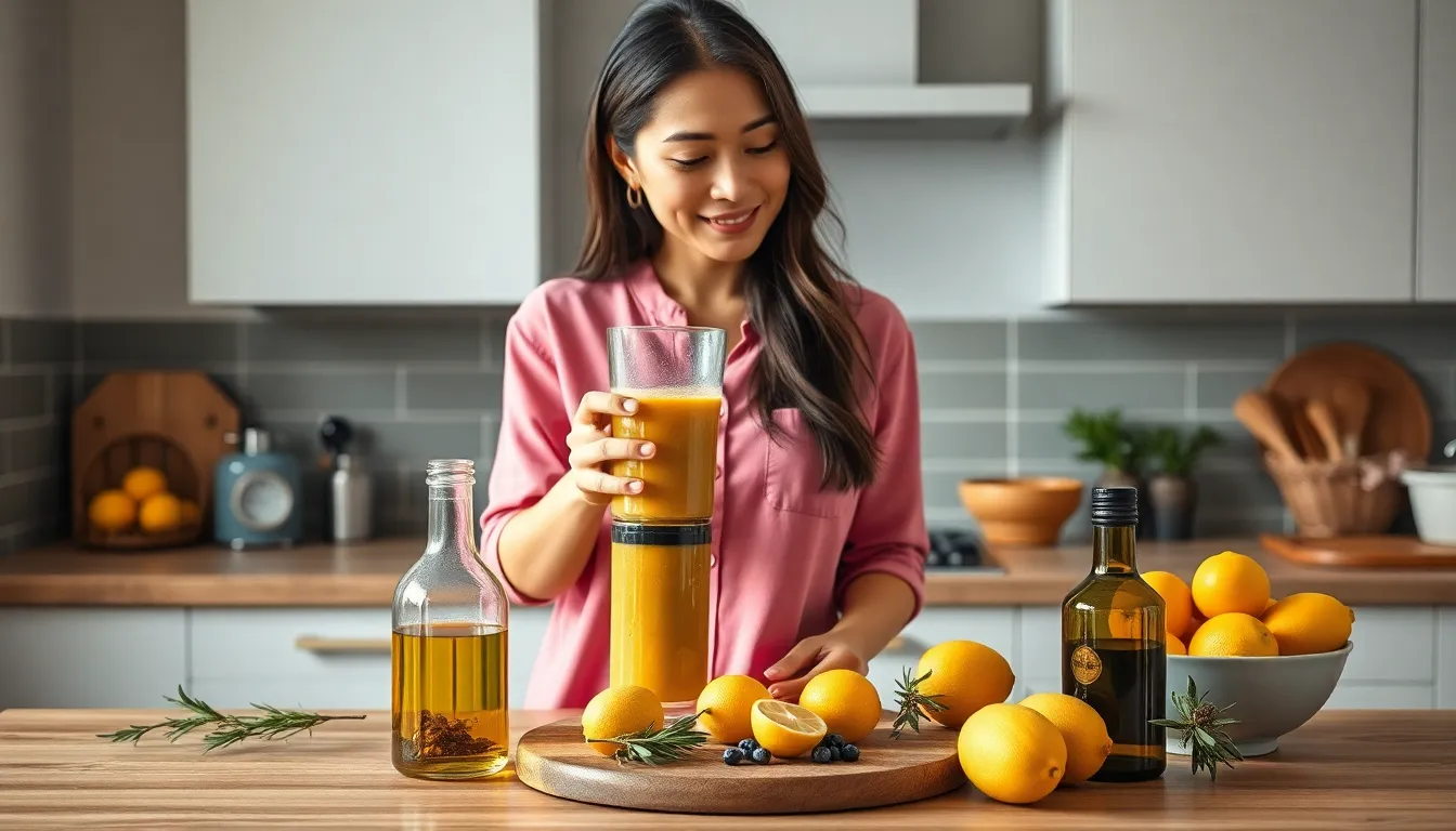Asian woman in pink overshirt blending a healthy smoothie in a modern kitchen setting.