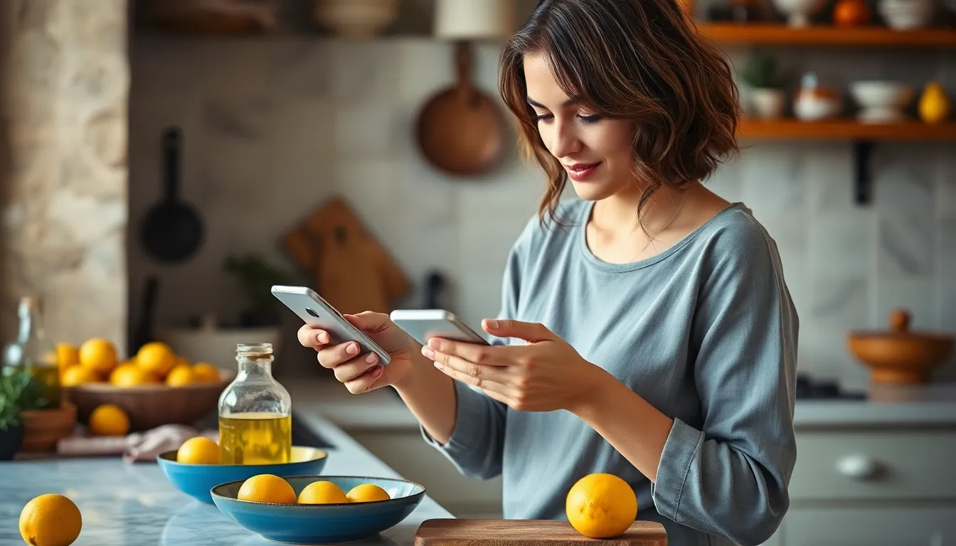 Woman multitasking, preparing food and using smartphone in kitchen.