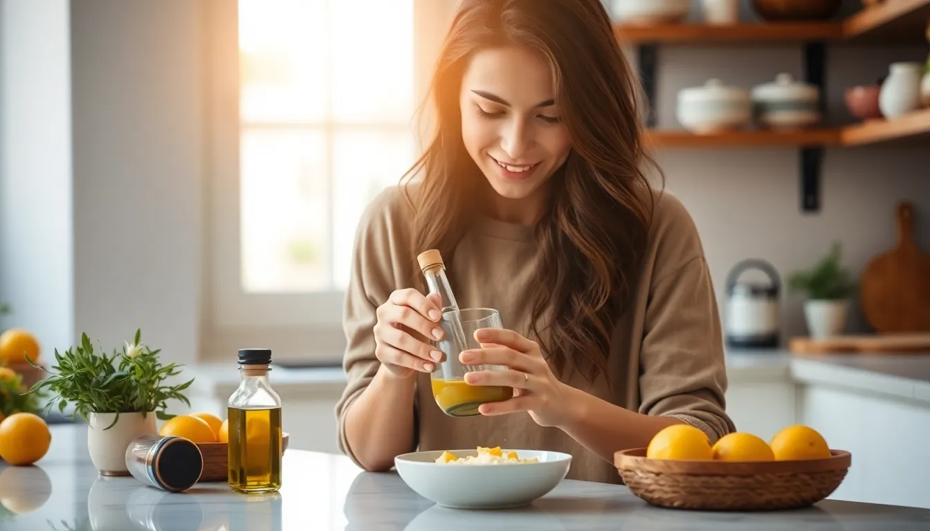 Young woman blending ingredients in a modern kitchen environment, focusing on healthy food preparation.