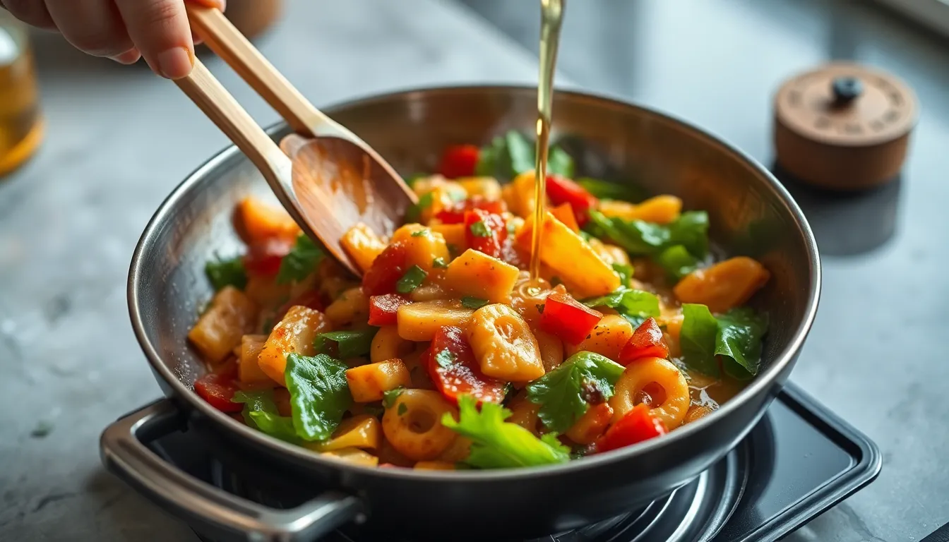 A vibrant vegetable salad with olives, feta, and strawberries being drizzled with olive oil.