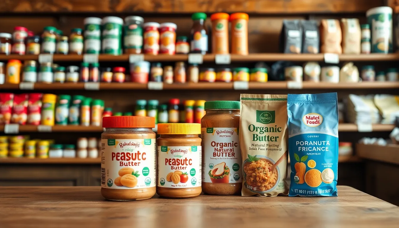 Organic food labels and natural product packaging arranged on a grocery shelf for comparison.