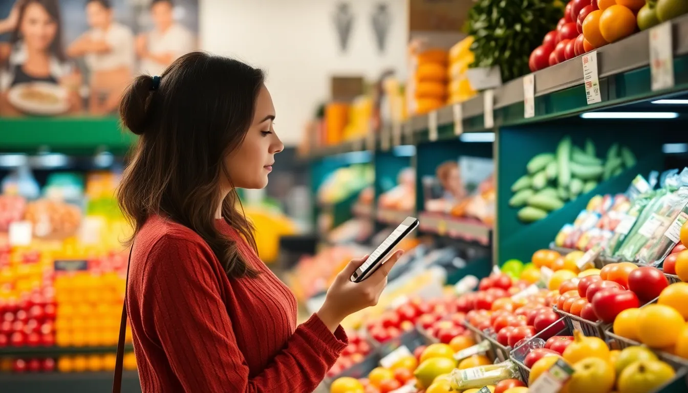 A woman examines fresh fruits in a vibrant grocery store produce section, shopping for healthy options.