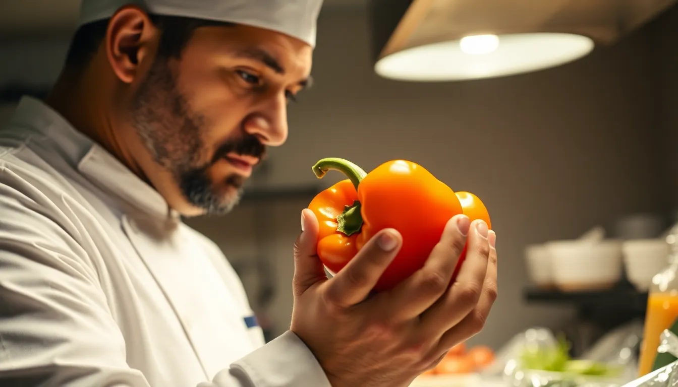 Chef examining a fresh bell pepper in a dimly lit kitchen setting, focusing on food quality.