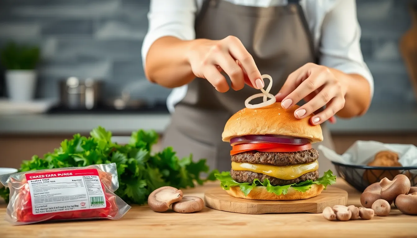 Unrecognizable female cook adding onion on tomato while making burger at table with greens and mushrooms in kitchen against blurred background