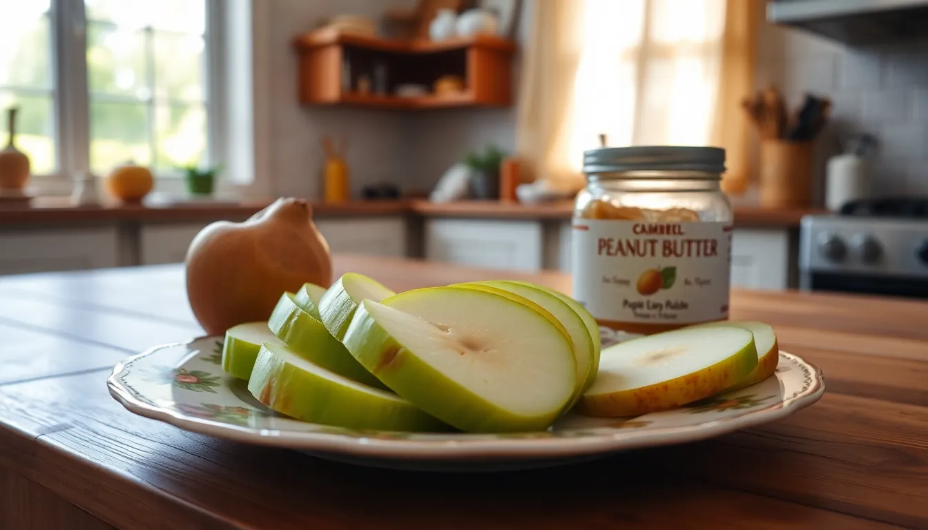 Fresh green apple slices arranged on a decorative plate with vibrant sunlight.