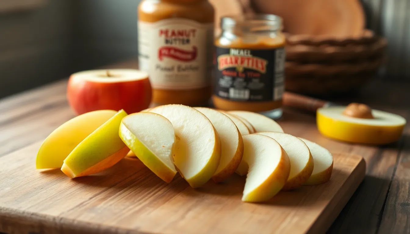 Close-up of fresh apple slices on a wooden cutting board, showcasing healthy snacking.