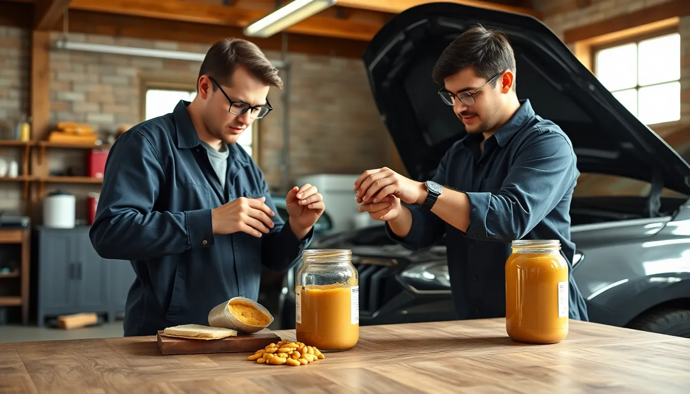 Two workers perform a detailed inspection on a car inside a garage, ensuring safety and compliance.
