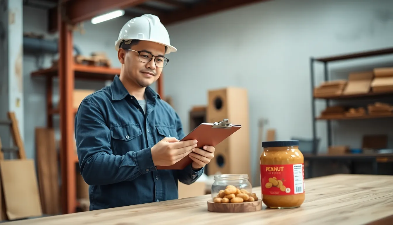 Asian construction worker in a factory setting, using a clipboard for inspection tasks in Banting, Malaysia.