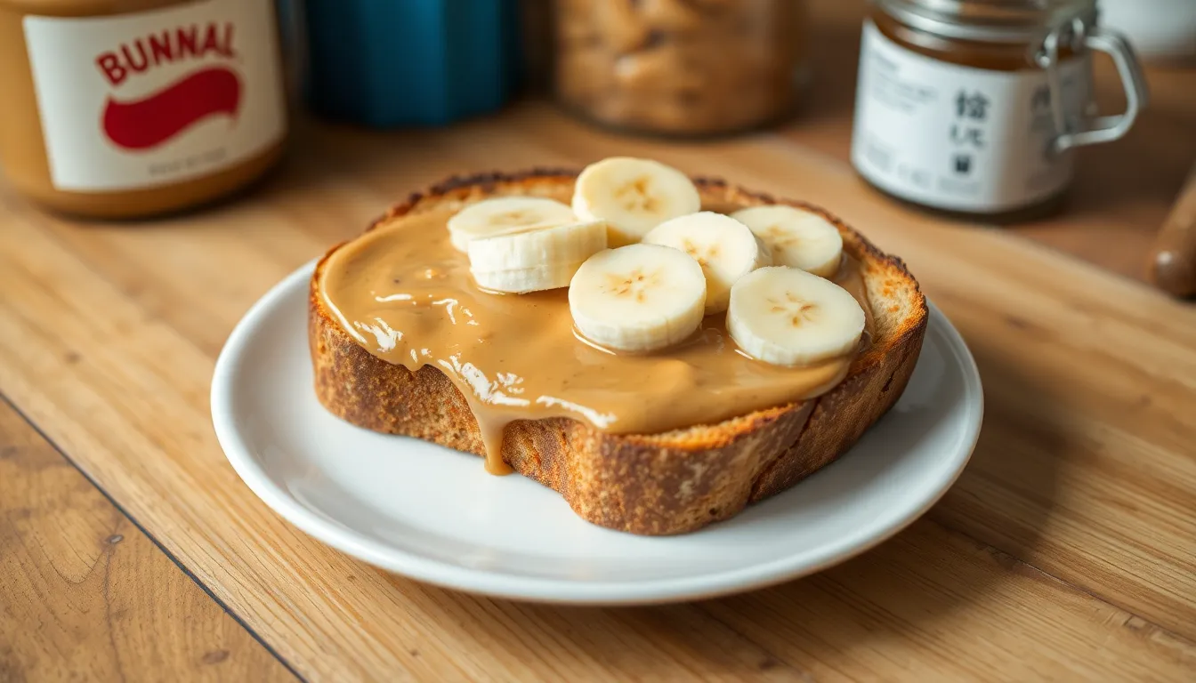 A delicious slice of toast with peanut butter and banana slices on a white plate, perfect for breakfast or snack.