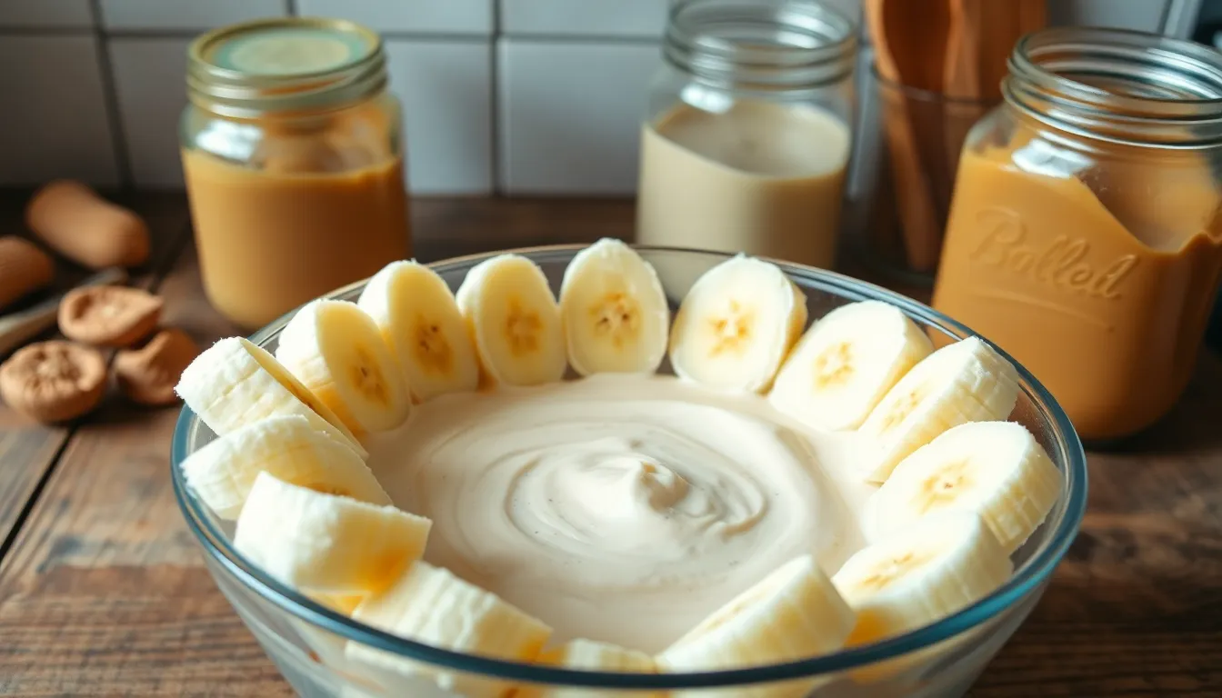 Frozen banana slices arranged in a bowl ready for blending into a creamy dessert.